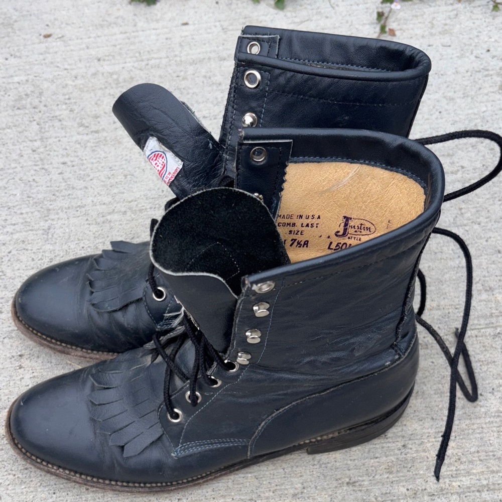 Black Leather Lace-Up Boots with Fringe